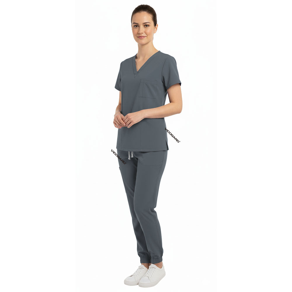 Side view of Gray scrub joggers showing athletic fit and deep cargo pockets