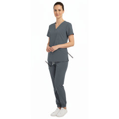 Side view of Gray scrub joggers showing athletic fit and deep cargo pockets