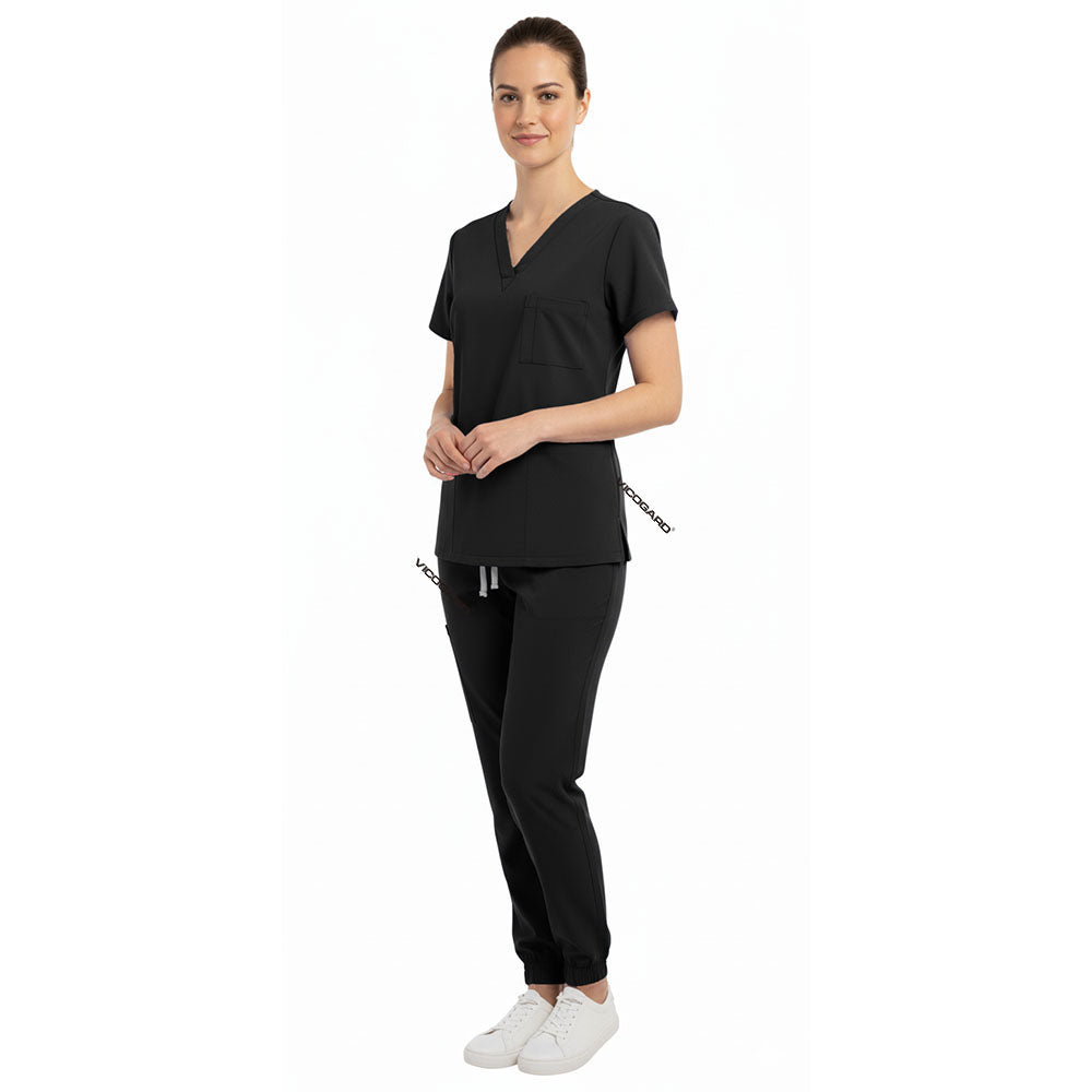 Side view of Black scrub joggers showing slimming fit and deep cargo pockets