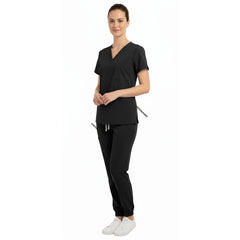 Side view of Black scrub joggers showing slimming fit and deep cargo pockets