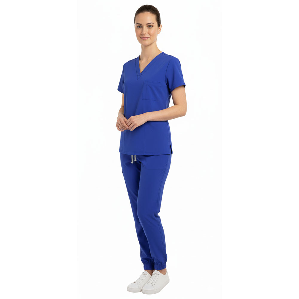 Side view of Royal Blue scrub joggers showing athletic fit and cargo pockets