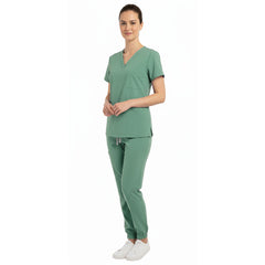 Side view of scrub joggers showing deep cargo pockets and flexible fit for nurses