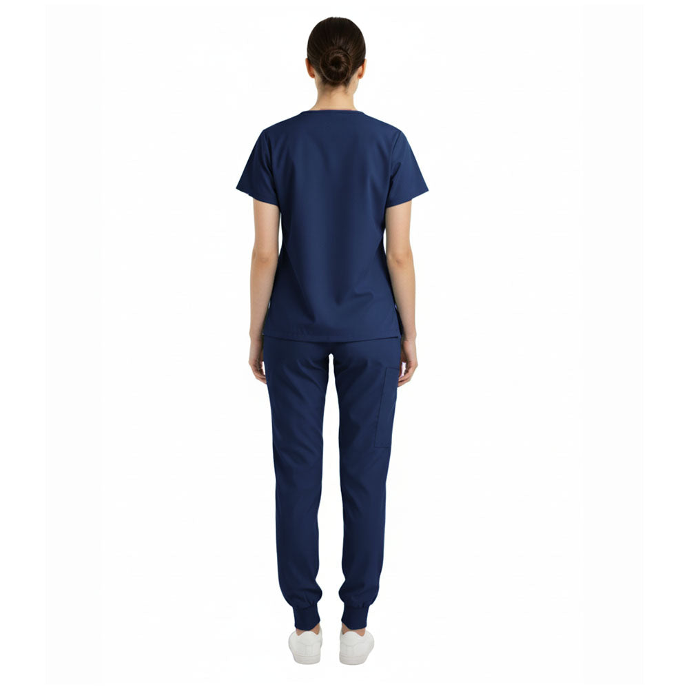 Back view of Navy Blue unisex scrub set showing smooth drape and coverage