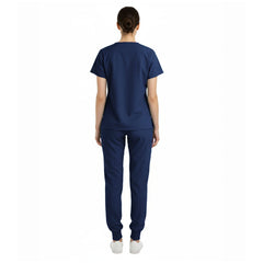 Back view of Navy Blue unisex scrub set showing smooth drape and coverage