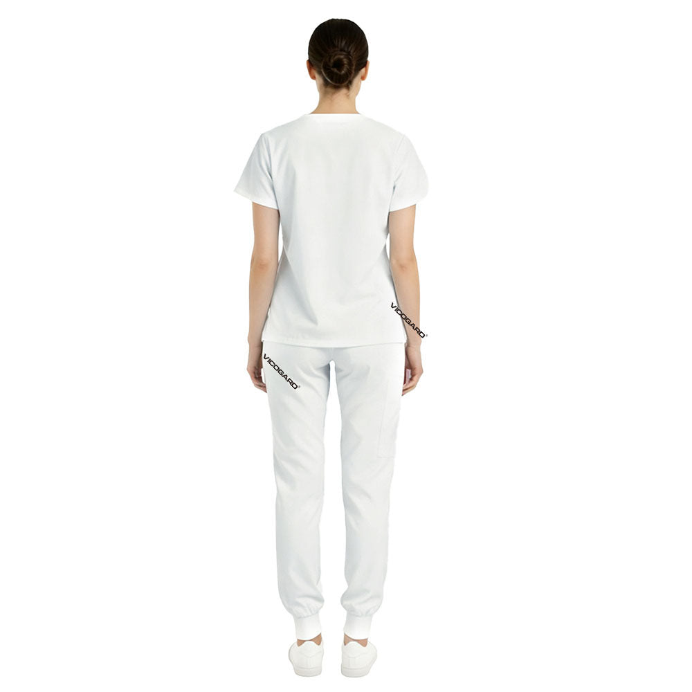 Back view of White unisex scrub set showing opaque coverage and silhouette