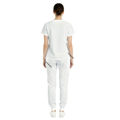 Back view of White unisex scrub set showing opaque coverage and silhouette