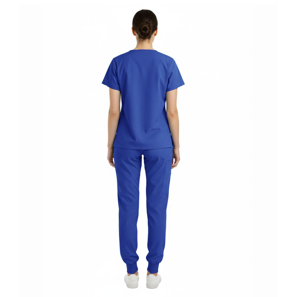 Back view of Royal Blue unisex scrub set showing tailored coverage and fit