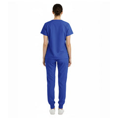 Back view of Royal Blue unisex scrub set showing tailored coverage and fit