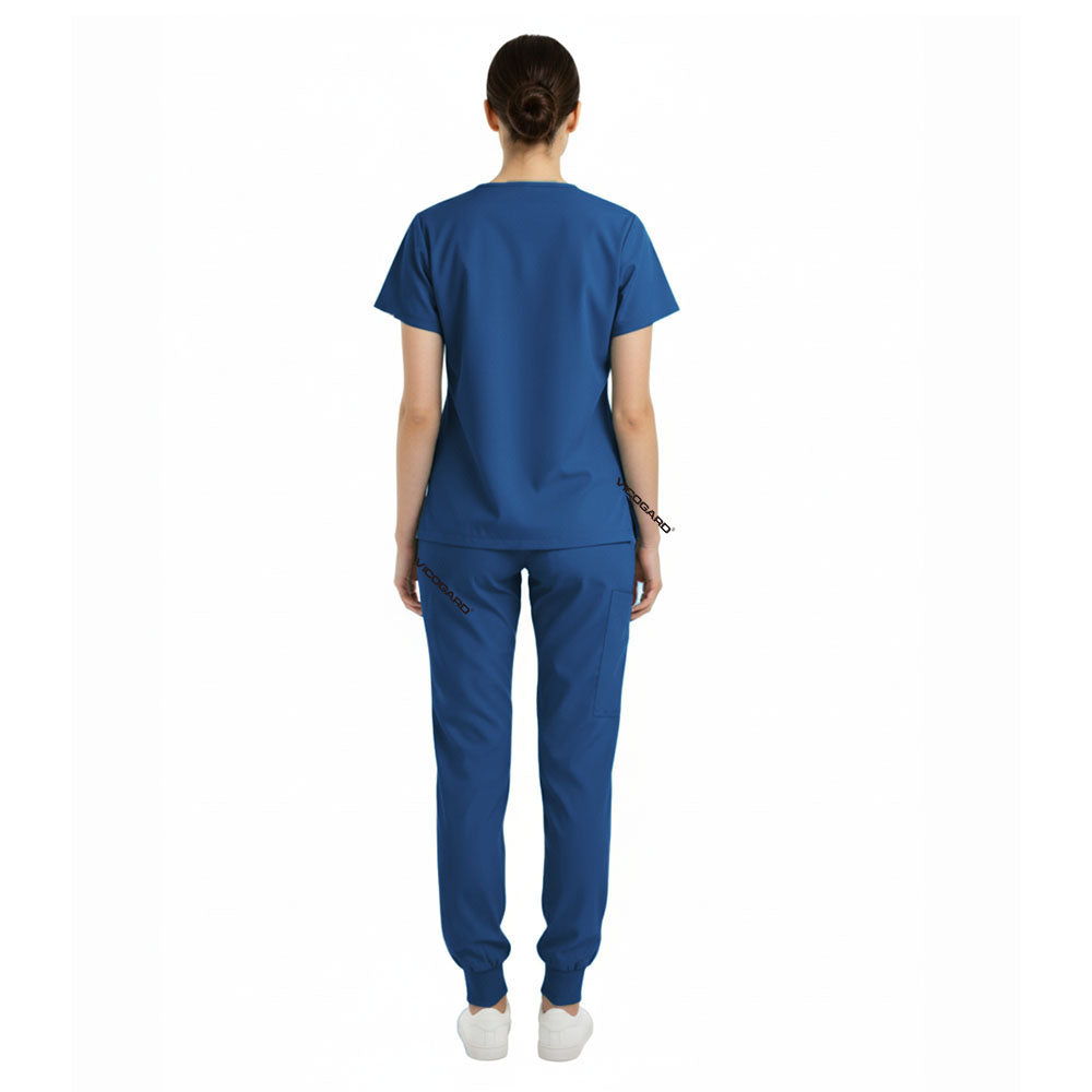 Back view of Caribbean Blue unisex scrub set showing tailored silhouette and coverage