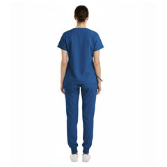 Back view of Caribbean Blue unisex scrub set showing tailored silhouette and coverage