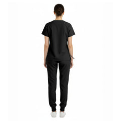 Back view of Black unisex scrub set showing tailored silhouette and coverage