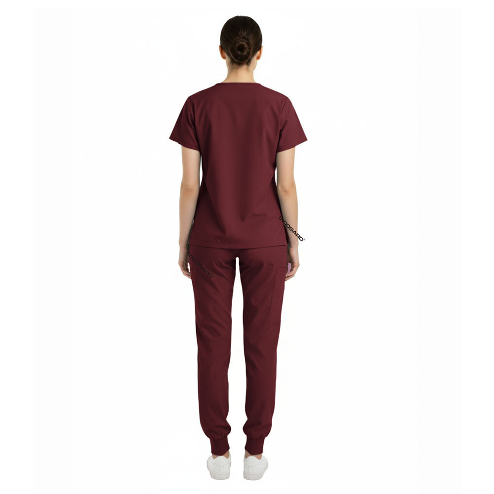 Back view of Burgundy unisex scrub set showing tailored silhouette and coverage