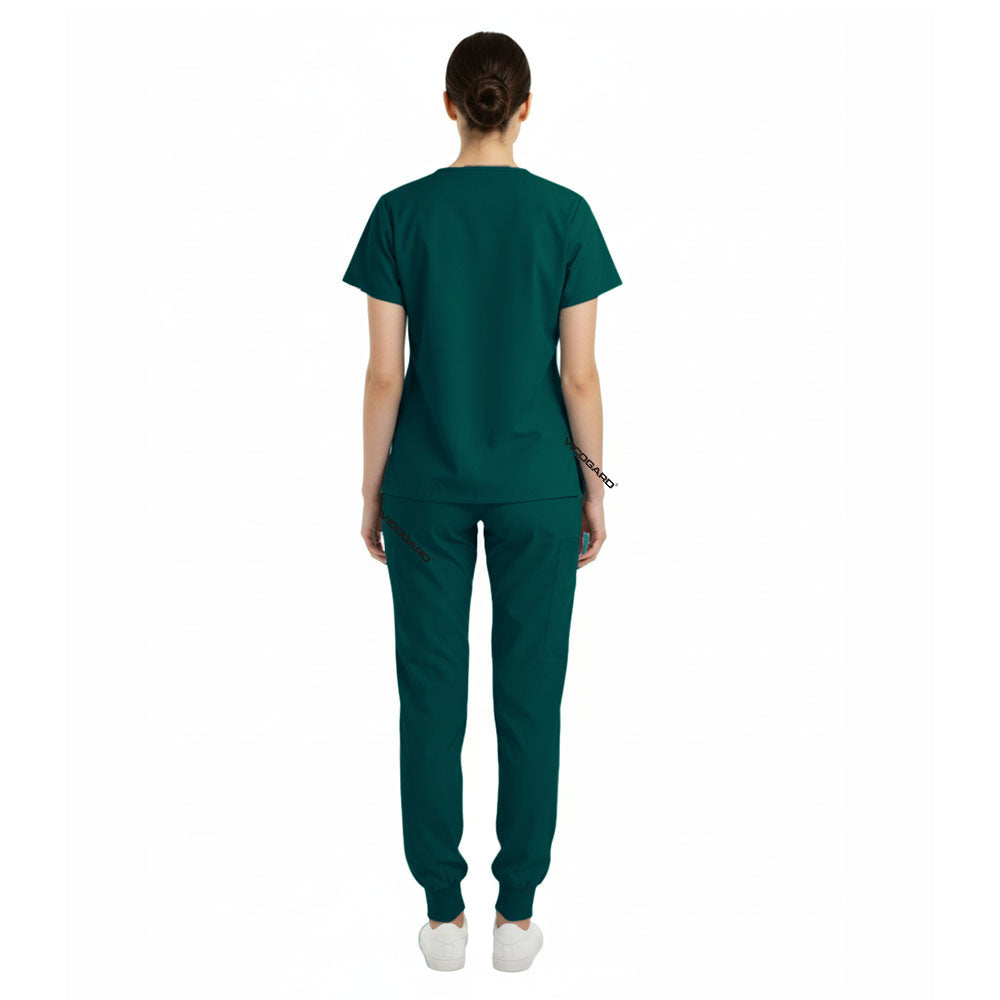 Back view of Hunter Green unisex scrub set showing tailored silhouette and coverage