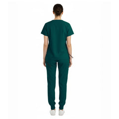Back view of Hunter Green unisex scrub set showing tailored silhouette and coverage