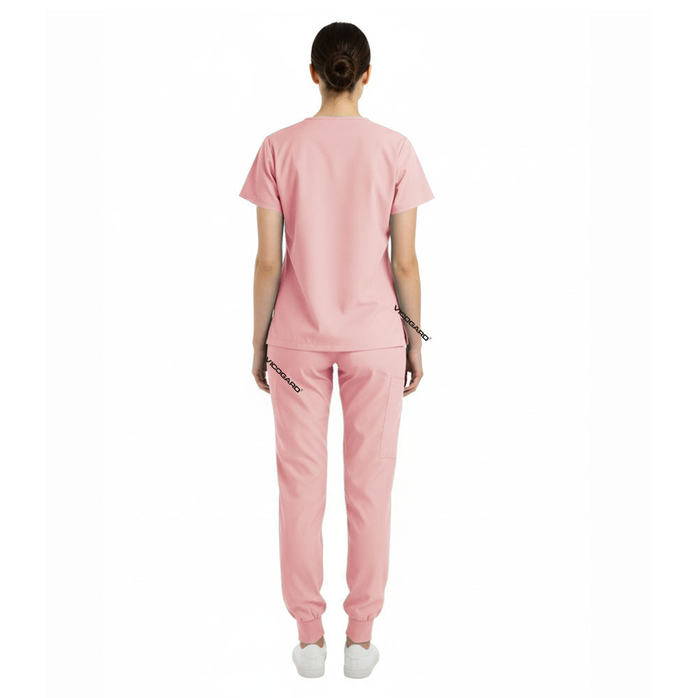 Back view of Pink unisex scrub set showing smooth silhouette and coverage