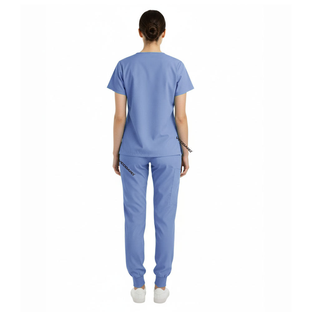 Back view of Ceil Blue unisex scrub set showing tailored silhouette and coverage