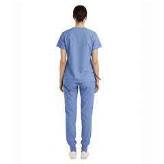 Back view of Ceil Blue unisex scrub set showing tailored silhouette and coverage