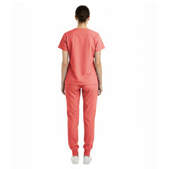Back view of Orange Red unisex scrub set showing comfortable fit and coverage