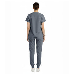 Back view of Gray unisex scrub set showing tailored silhouette and coverage