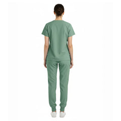 Back view of unisex medical uniform set showing tailored silhouette and coverage