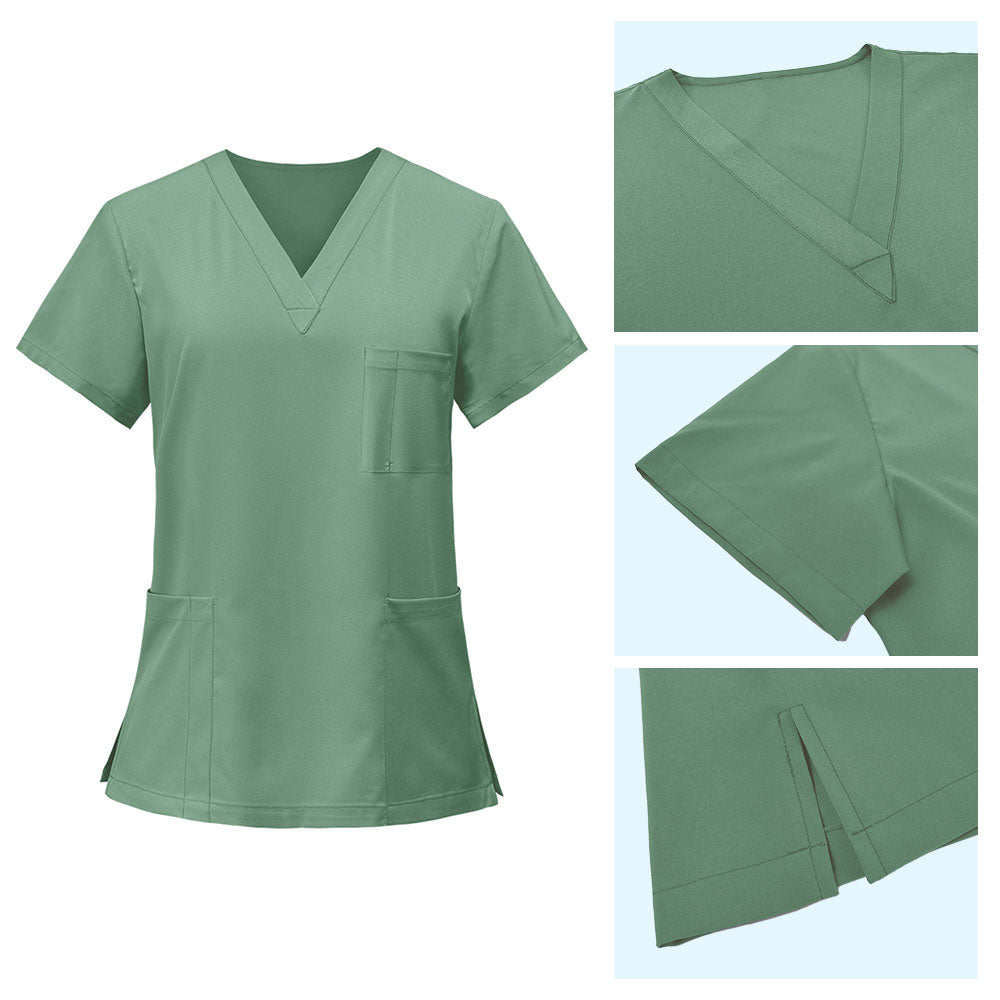 Detail of scrub top V-neckline, chest pocket, and side slit for ease of movement