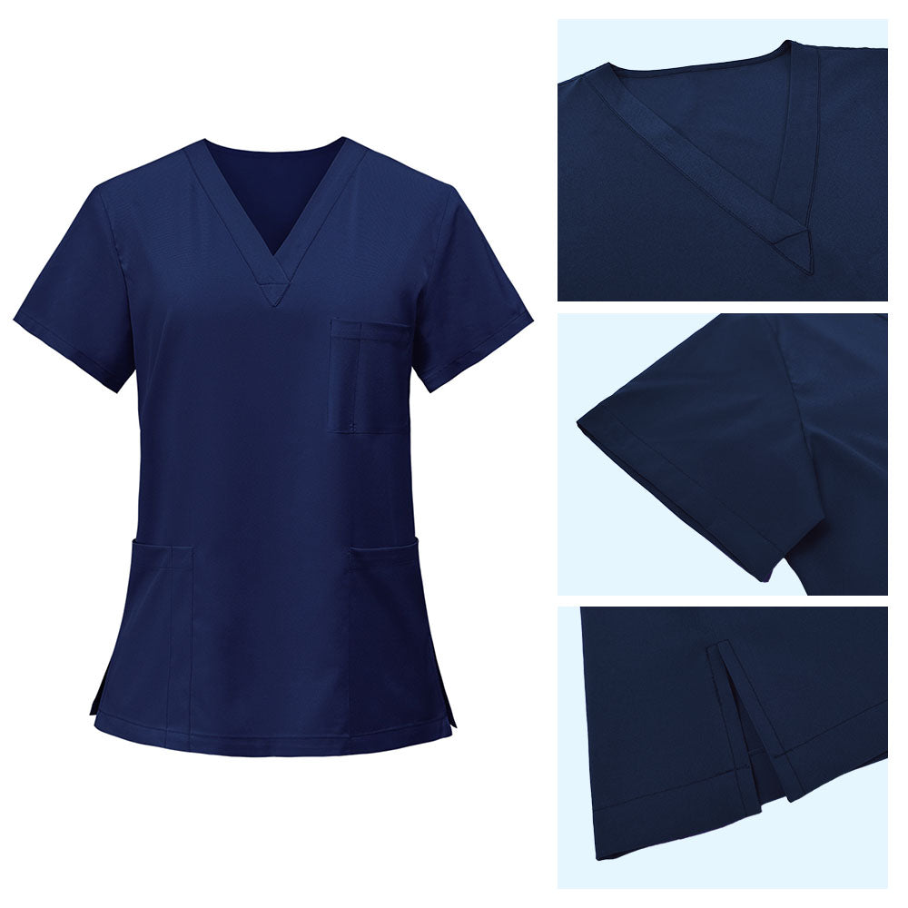 Detail of Navy Blue scrub top V-neckline and durable stitching for daily wear