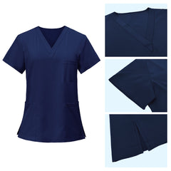 Detail of Navy Blue scrub top V-neckline and durable stitching for daily wear