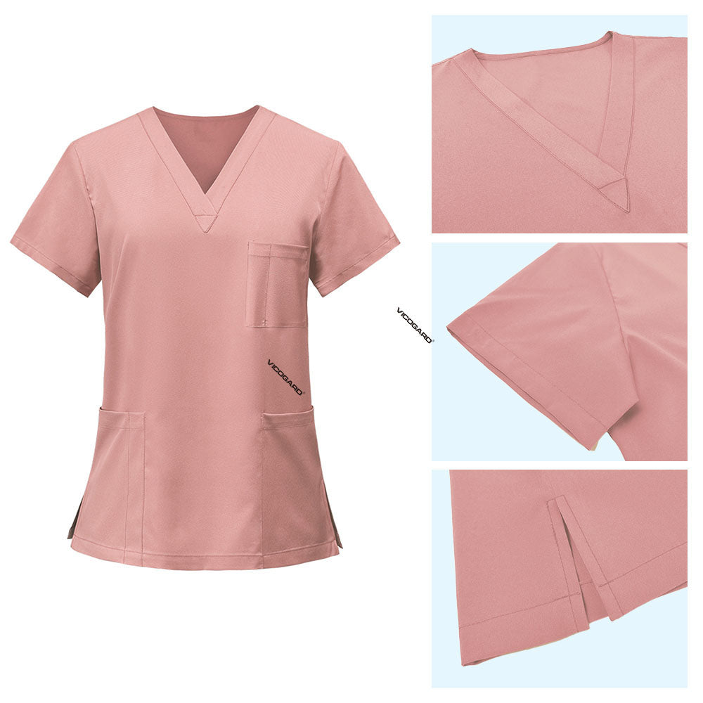 Detail of Pink scrub top featuring V-neck and durable stitching