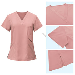 Detail of Pink scrub top featuring V-neck and durable stitching