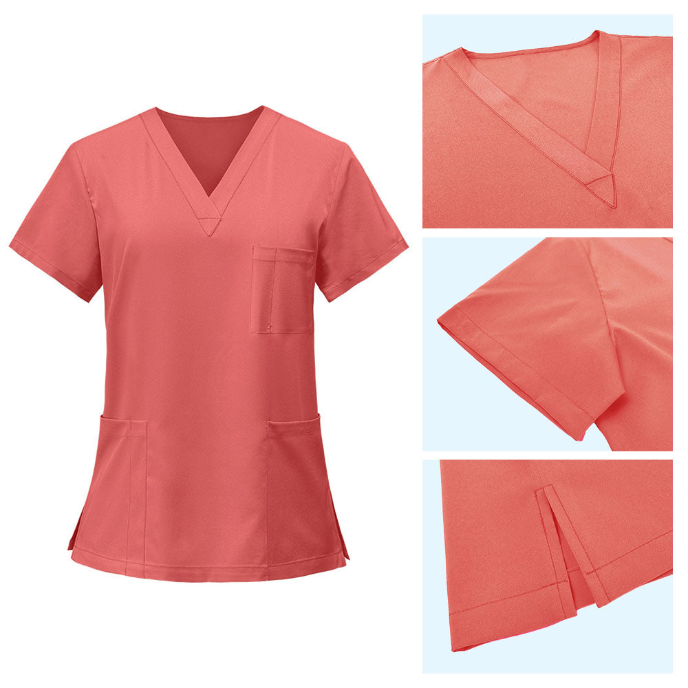Detail of Orange Red scrub top V-neckline and side vents for movement