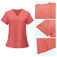 Detail of Orange Red scrub top V-neckline and side vents for movement