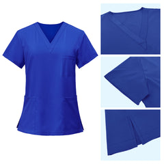 Detail of Royal Blue scrub top featuring V-neck design and reinforced stitching