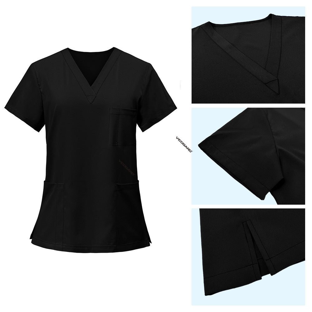 Detail of Black scrub top V-neckline and reinforced stitching for durability