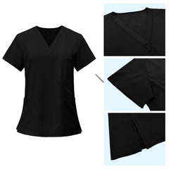 Detail of Black scrub top V-neckline and reinforced stitching for durability