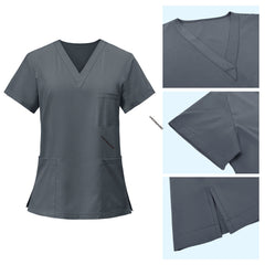 Detail of Gray scrub top V-neckline and reinforced stitching for durability