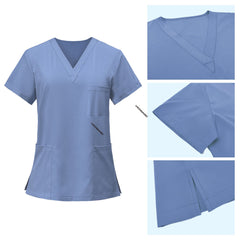 Detail of Ceil Blue scrub top V-neckline and reinforced stitching