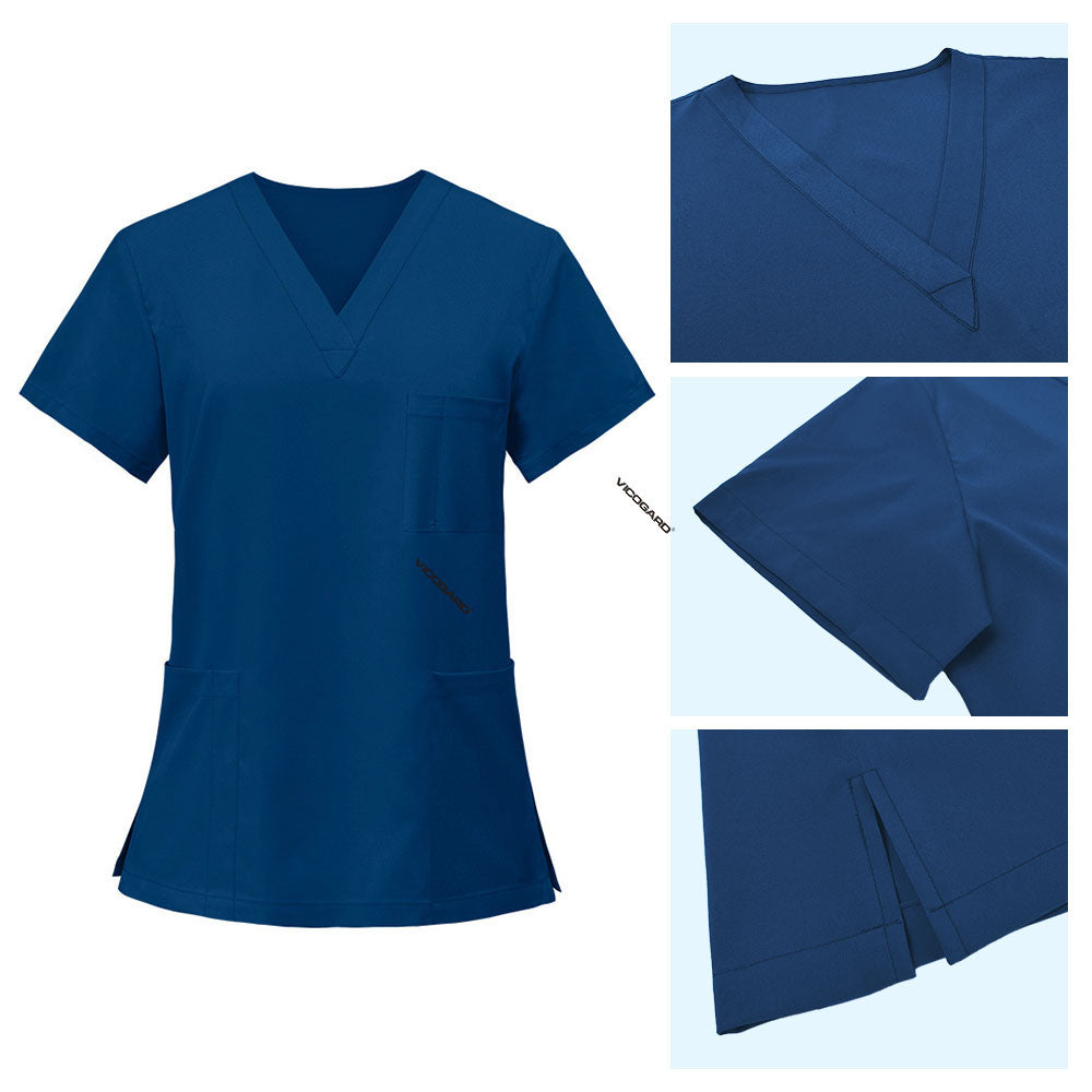 Detail of Caribbean Blue scrub top V-neckline and reinforced stitching