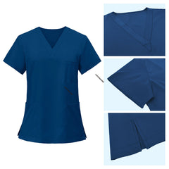Detail of Caribbean Blue scrub top V-neckline and reinforced stitching