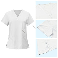 Detail of White scrub top V-neckline, perfect for pinning ceremonies