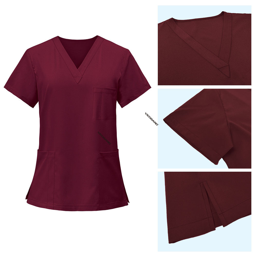 Detail of Burgundy scrub top V-neckline and reinforced stitching for durability
