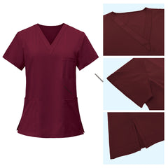 Detail of Burgundy scrub top V-neckline and reinforced stitching for durability