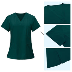 Detail of Hunter Green scrub top V-neckline and reinforced stitching