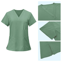 Detail of scrub top V-neckline, chest pocket, and side slit for ease of movement
