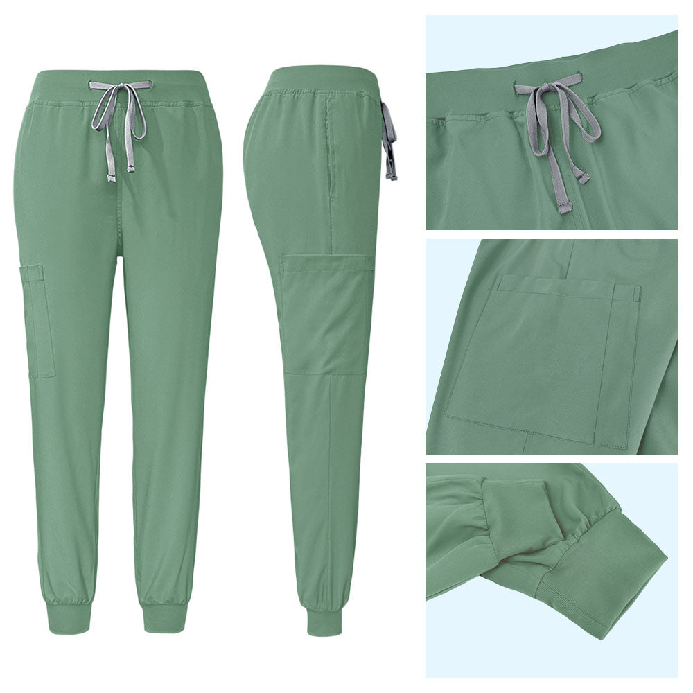 Jogger style scrub pants detail with elastic drawstring waistband and ribbed ankle cuffs