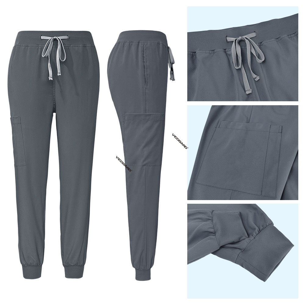 Gray jogger scrub pants detail with elastic drawstring waist and ribbed ankle cuffs