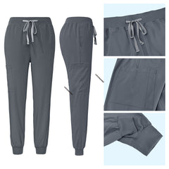 Gray jogger scrub pants detail with elastic drawstring waist and ribbed ankle cuffs