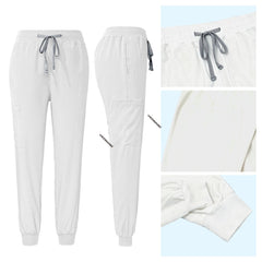 White jogger scrub pants detail with elastic drawstring waist and ribbed ankle cuffs