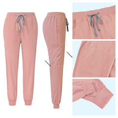 Pink jogger scrub pants detail with elastic drawstring waist and ribbed cuffs