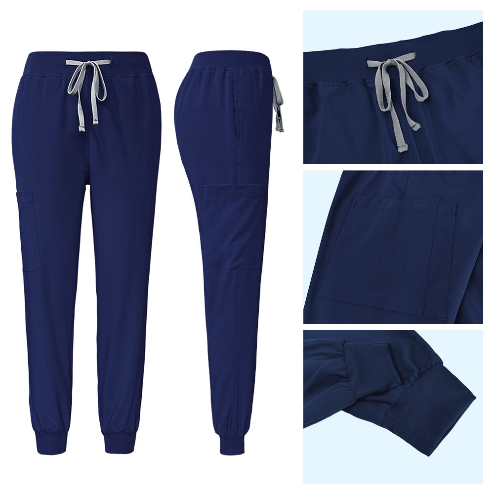 Navy Blue jogger scrub pants detail with comfortable drawstring waist and ribbed cuffs