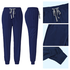 Navy Blue jogger scrub pants detail with comfortable drawstring waist and ribbed cuffs